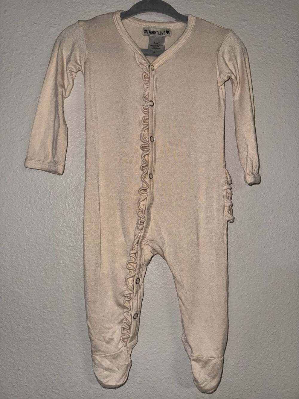 Spearmint Love Baby Ruffle Snap Front Footie in Beige